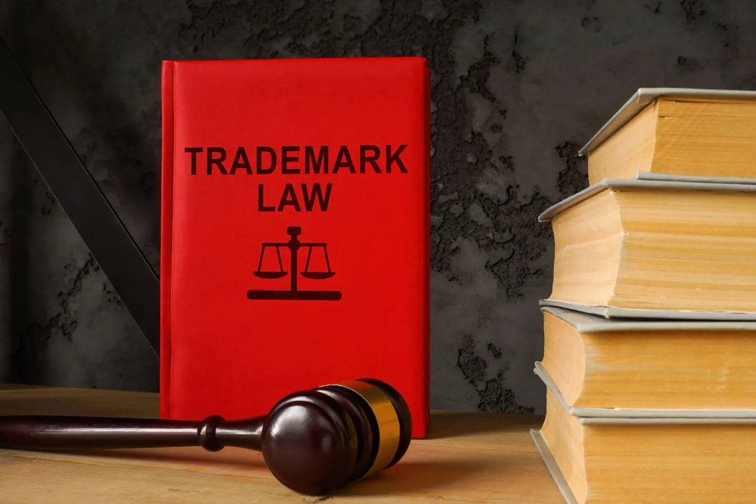 Trademark law and gavel is on the shelf.