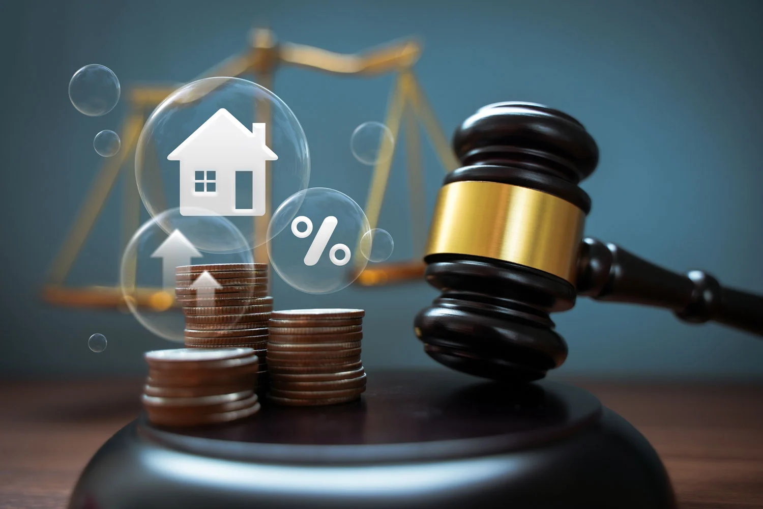 Judge Auctions and the Real Estate Legal System House model and hammer with icons on wooden table Laws governing foreclosures and bankruptcies
