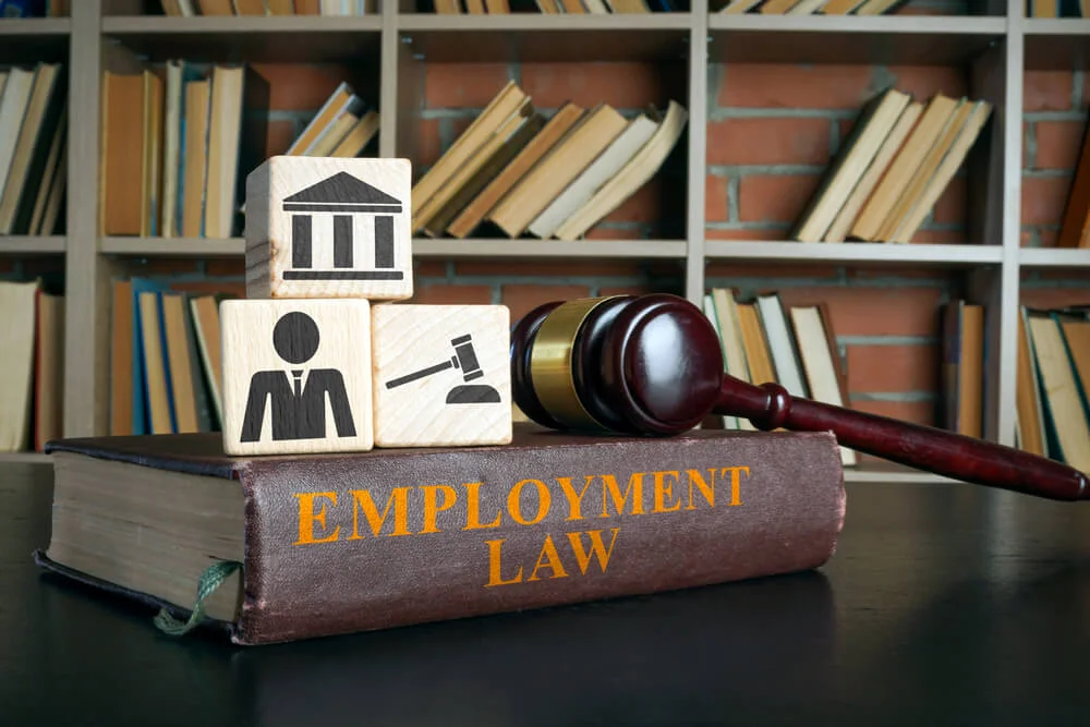 Employment law book, wooden cubes and gavel.