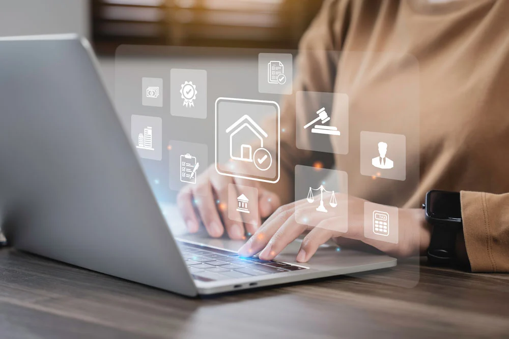 business woman uses a computer and house law icons on the dashboard screen to study or search law home